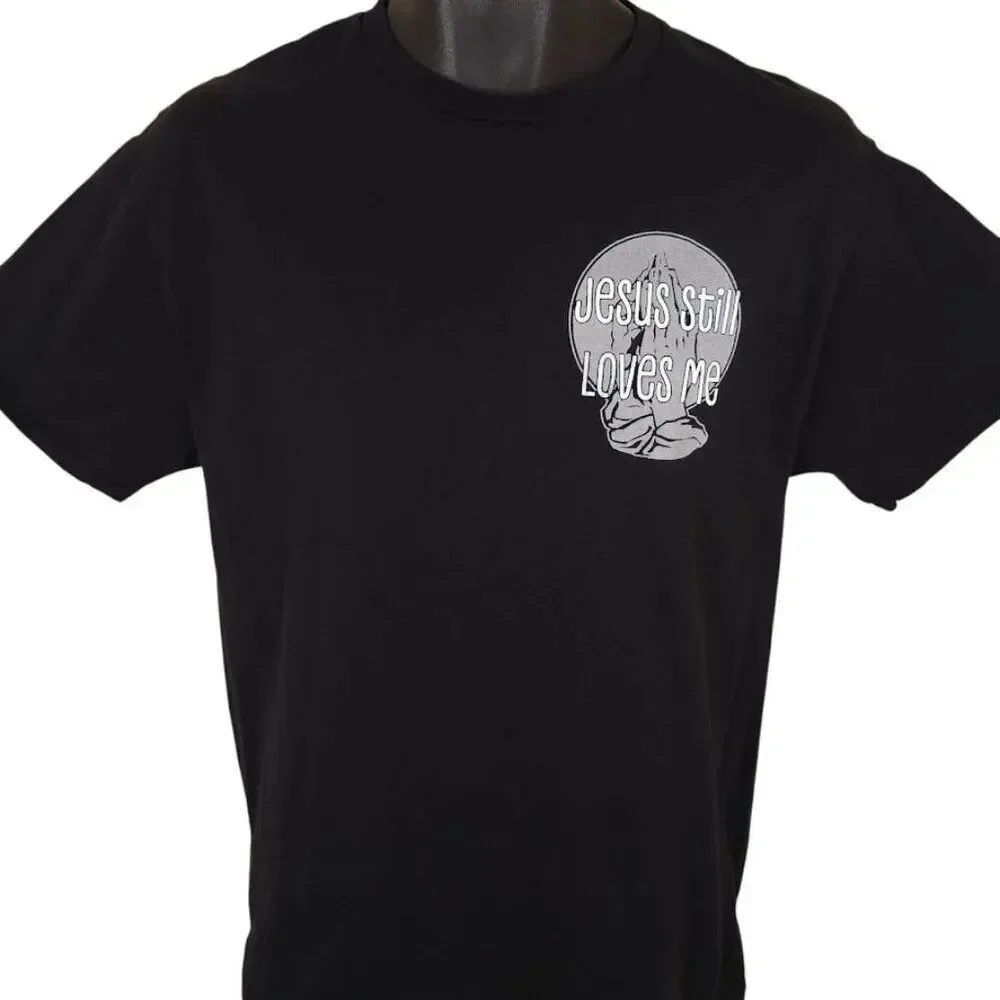 Christian T Shirt Mens Size Medium Black Jesus Christ Still Loves Me Praying
